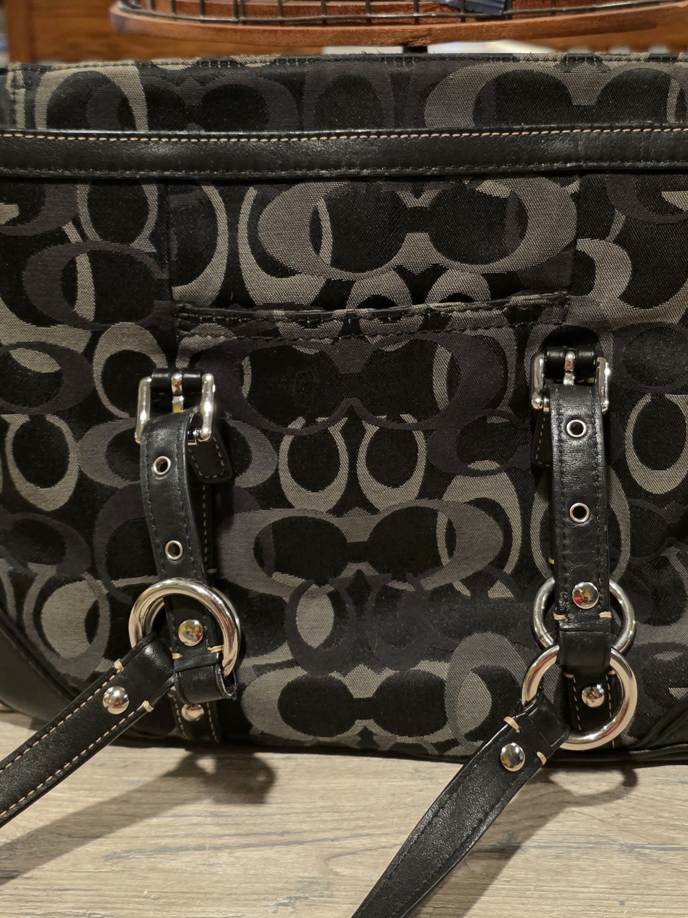 Coach Black and Gray Signature Shoulder Bag with Silver Hardware